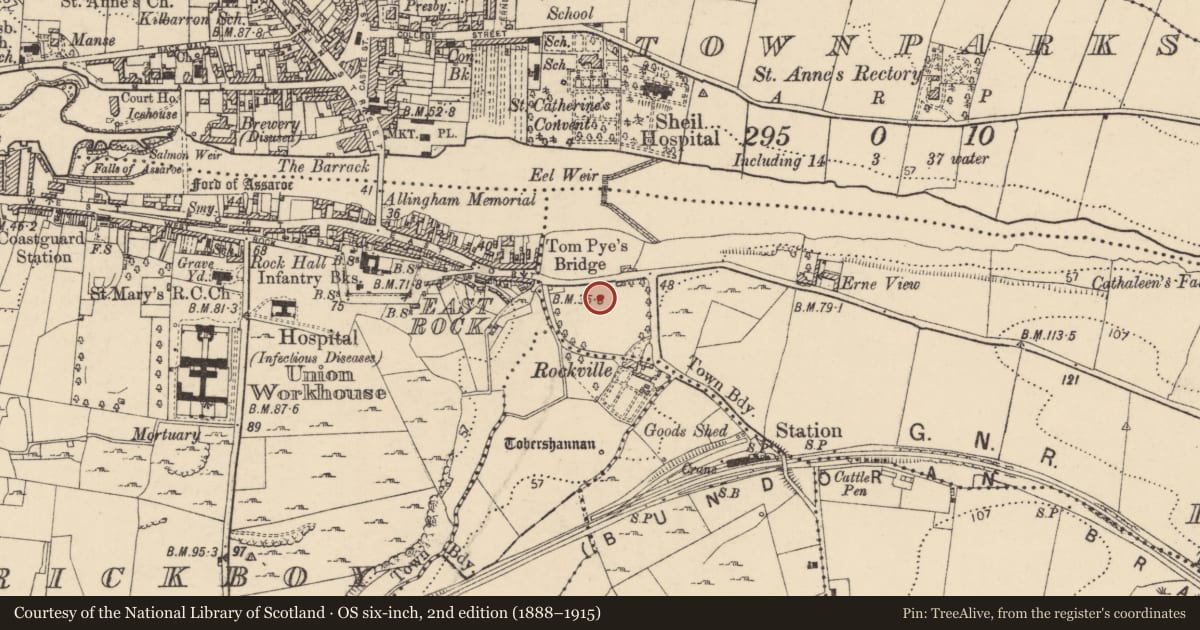 Ordnance Survey six-inch map, 2nd edition (1888–1915) covering the location of Shrine, Ballyhanna, County Donegal, with a pin at the register's coordinates