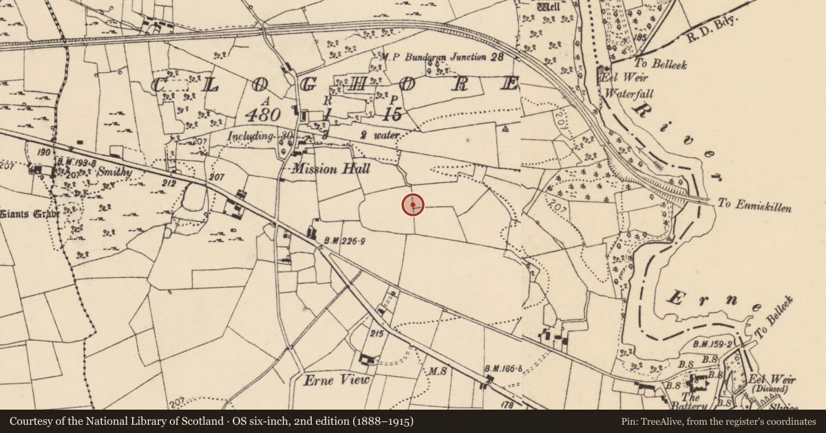 Ordnance Survey six-inch map, 2nd edition (1888–1915) covering the location of Enclosure, Cloghore, County Donegal, with a pin at the register's coordinates