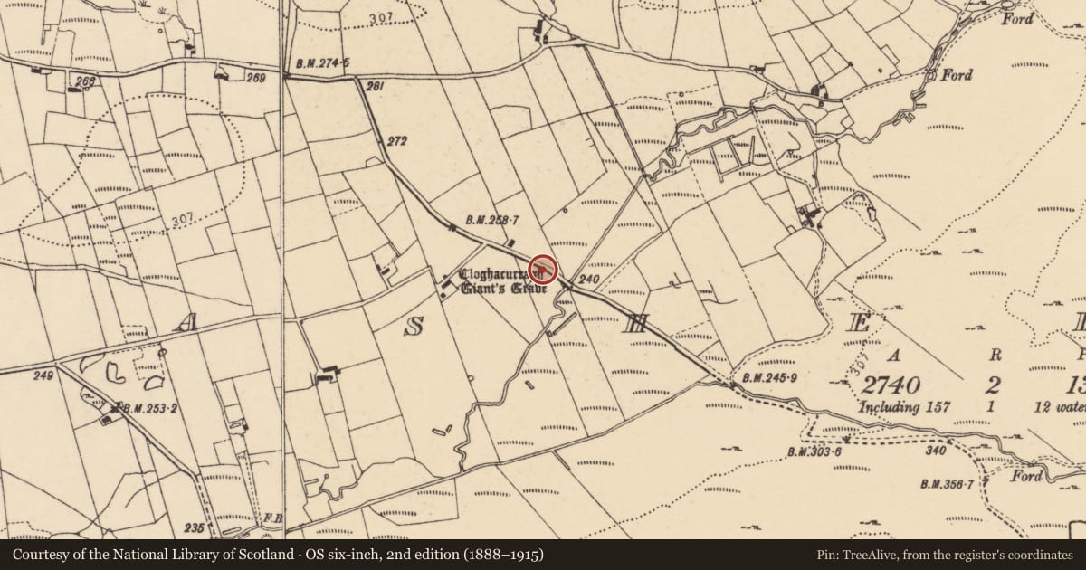 Ordnance Survey six-inch map, 2nd edition (1888–1915) covering the location of Megalithic tomb - unclassified, Cashelard, County Donegal, with a pin at the register's coordinates