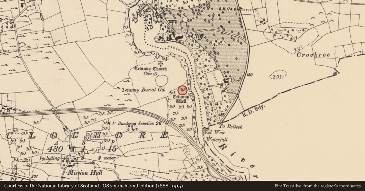 Ordnance Survey six-inch map, 2nd edition (1888–1915) covering the location of Ritual site - holy well, Cloghore, County Donegal, with a pin at the register's coordinates