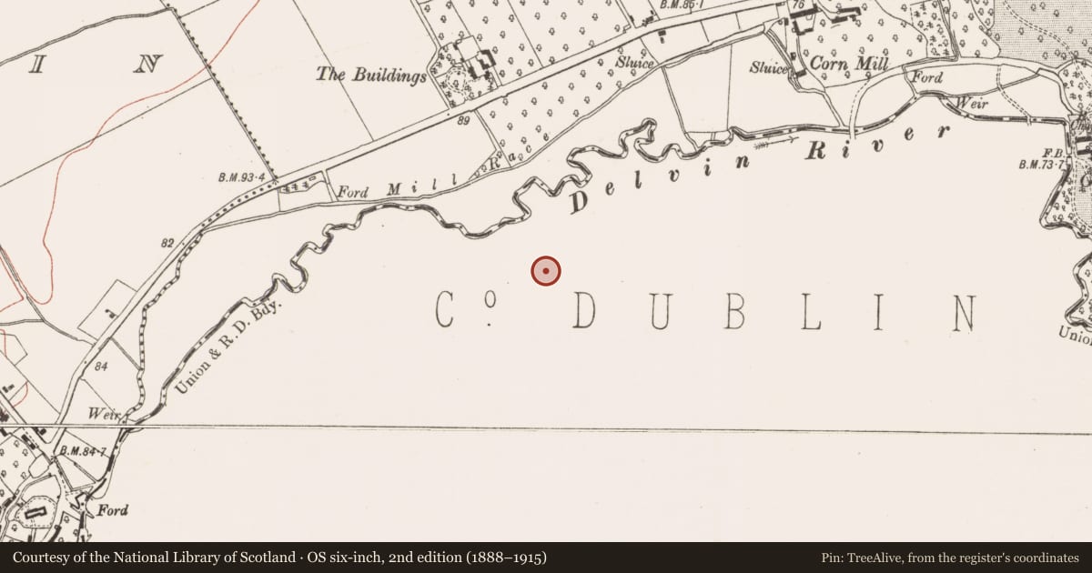 Ordnance Survey six-inch map, 2nd edition (1888–1915) covering the location of Souterrain, Gormanstown Demesne, County Dublin, with a pin at the register's coordinates