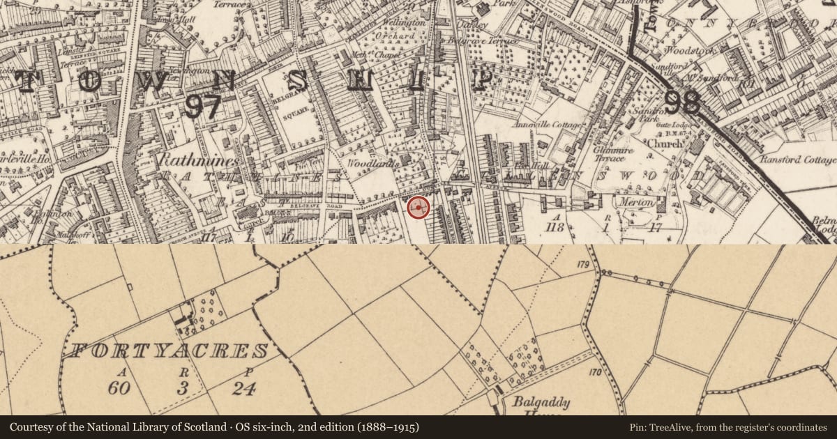 Ordnance Survey six-inch map, 2nd edition (1888–1915) covering the location of Enclosure, Tobertown, County Dublin, with a pin at the register's coordinates