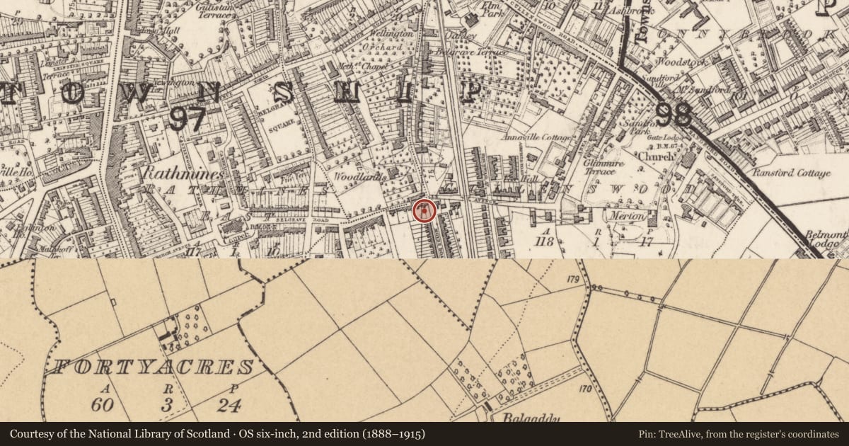Ordnance Survey six-inch map, 2nd edition (1888–1915) covering the location of Field system, Tobertown, County Dublin, with a pin at the register's coordinates