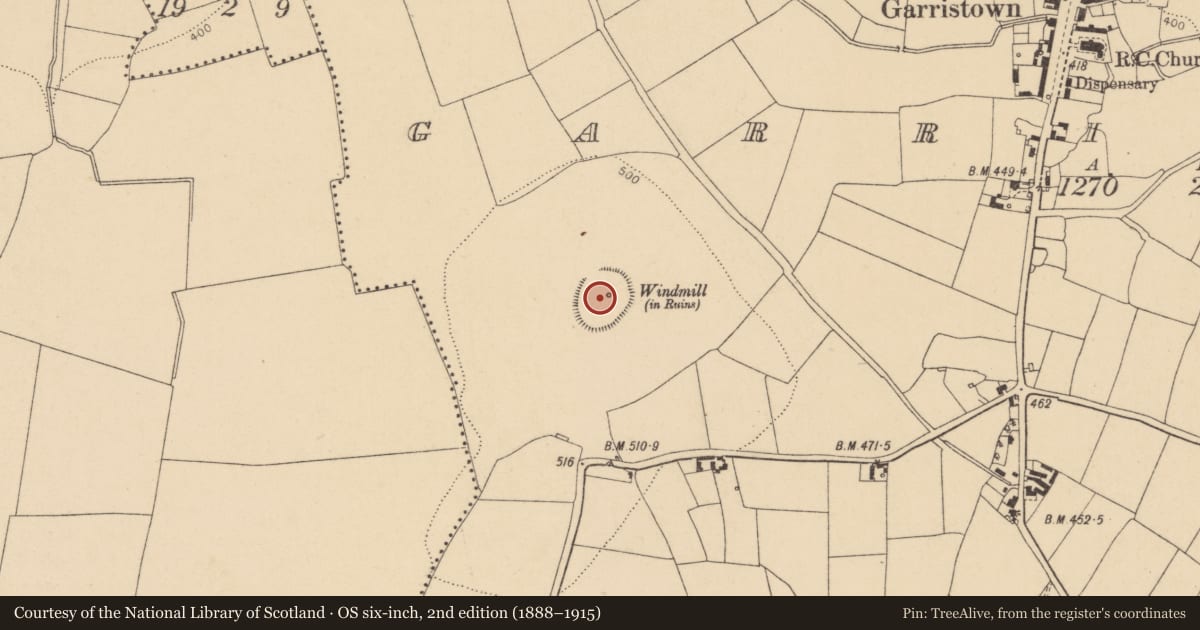 Ordnance Survey six-inch map, 2nd edition (1888–1915) covering the location of Hilltop enclosure, Garristown, County Dublin, with a pin at the register's coordinates