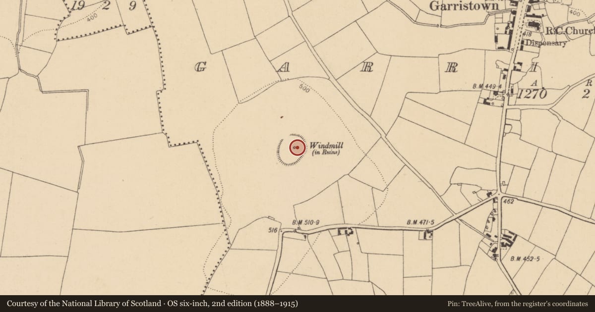 Ordnance Survey six-inch map, 2nd edition (1888–1915) covering the location of Windmill, Garristown, County Dublin, with a pin at the register's coordinates