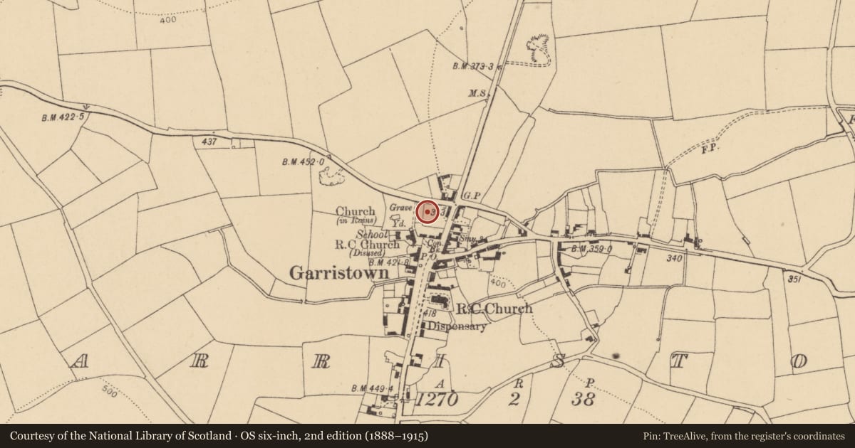 Ordnance Survey six-inch map, 2nd edition (1888–1915) covering the location of Settlement cluster, Garristown, County Dublin, with a pin at the register's coordinates