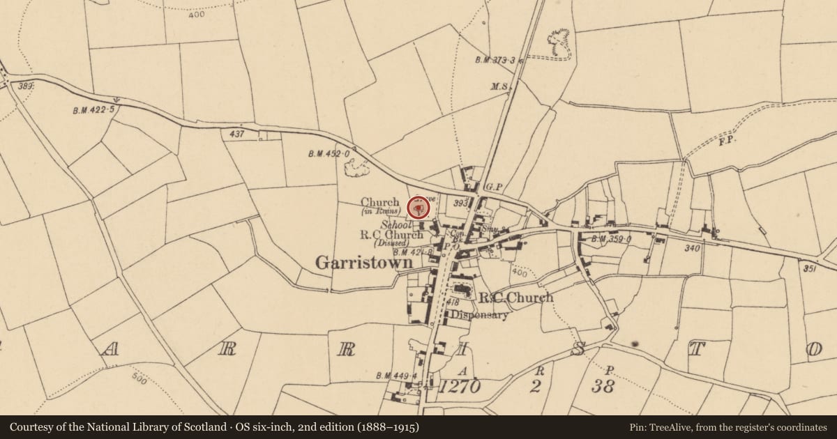 Ordnance Survey six-inch map, 2nd edition (1888–1915) covering the location of Church, Garristown, County Dublin, with a pin at the register's coordinates
