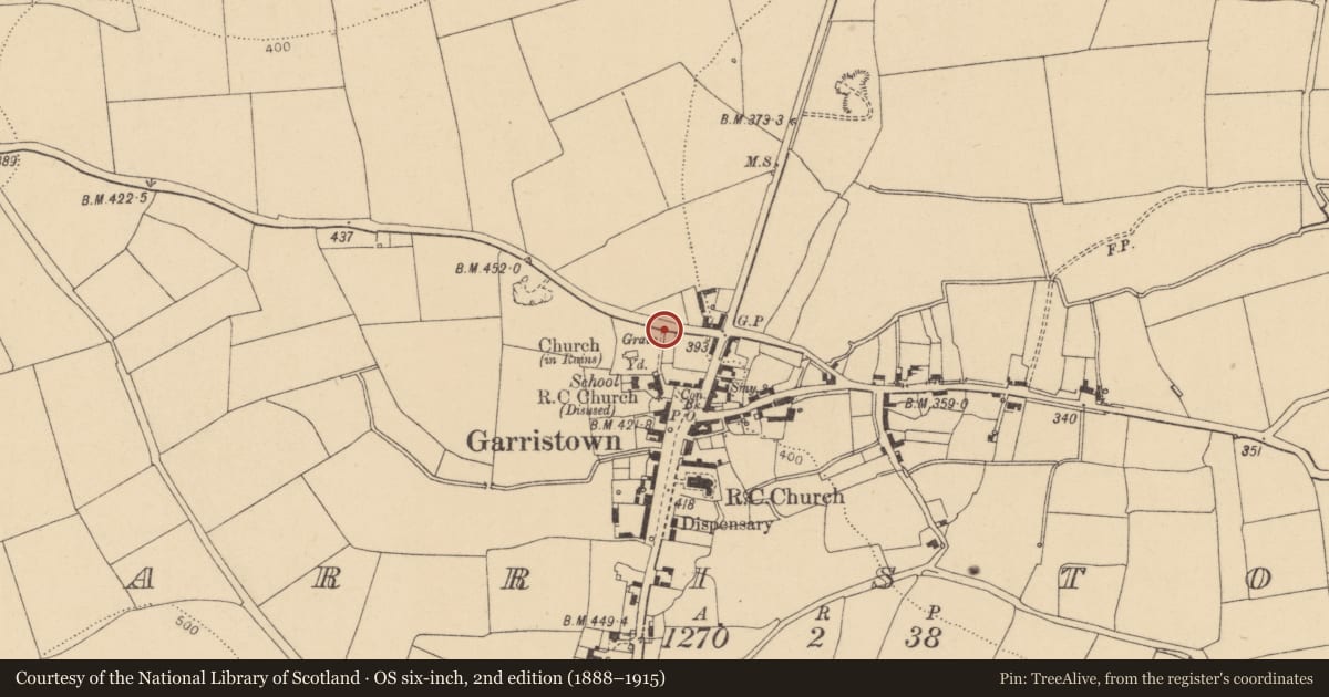 Ordnance Survey six-inch map, 2nd edition (1888–1915) covering the location of Architectural fragment, Garristown, County Dublin, with a pin at the register's coordinates