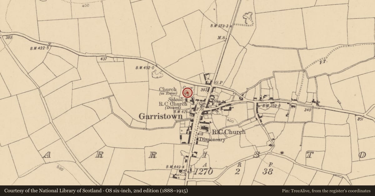 Ordnance Survey six-inch map, 2nd edition (1888–1915) covering the location of Graveyard, Garristown, County Dublin, with a pin at the register's coordinates