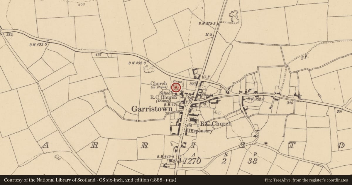 Ordnance Survey six-inch map, 2nd edition (1888–1915) covering the location of Tomb - effigial, Garristown, County Dublin, with a pin at the register's coordinates
