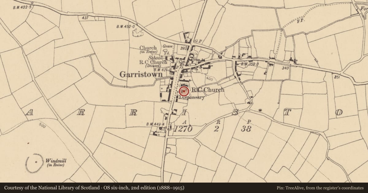Ordnance Survey six-inch map, 2nd edition (1888–1915) covering the location of Tomb - chest tomb, Garristown, County Dublin, with a pin at the register's coordinates