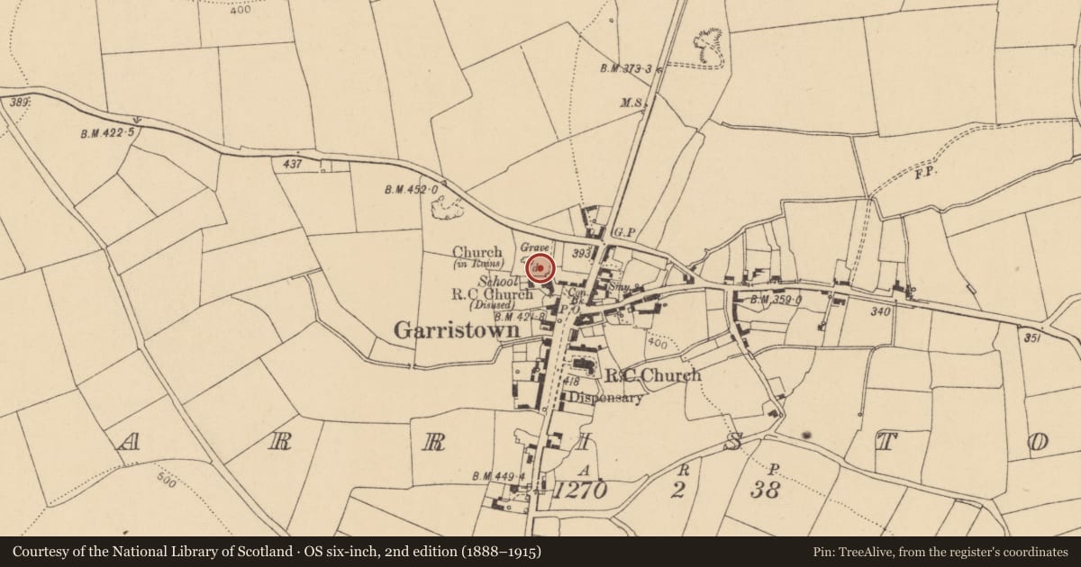 Ordnance Survey six-inch map, 2nd edition (1888–1915) covering the location of Headstone, Garristown, County Dublin, with a pin at the register's coordinates