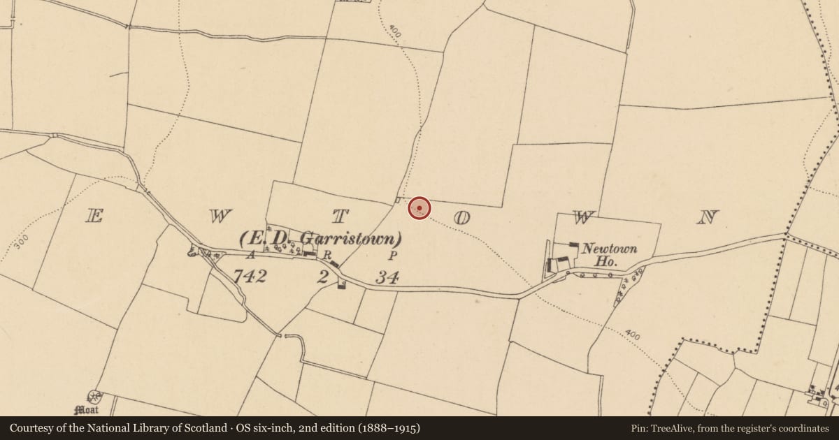 Ordnance Survey six-inch map, 2nd edition (1888–1915) covering the location of Ring-ditch, Newtown, County Dublin, with a pin at the register's coordinates
