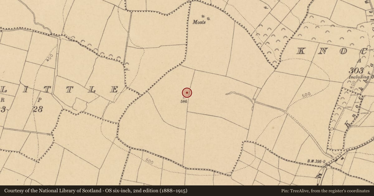 Ordnance Survey six-inch map, 2nd edition (1888–1915) covering the location of Ring-ditch, Knockbrack, County Dublin, with a pin at the register's coordinates