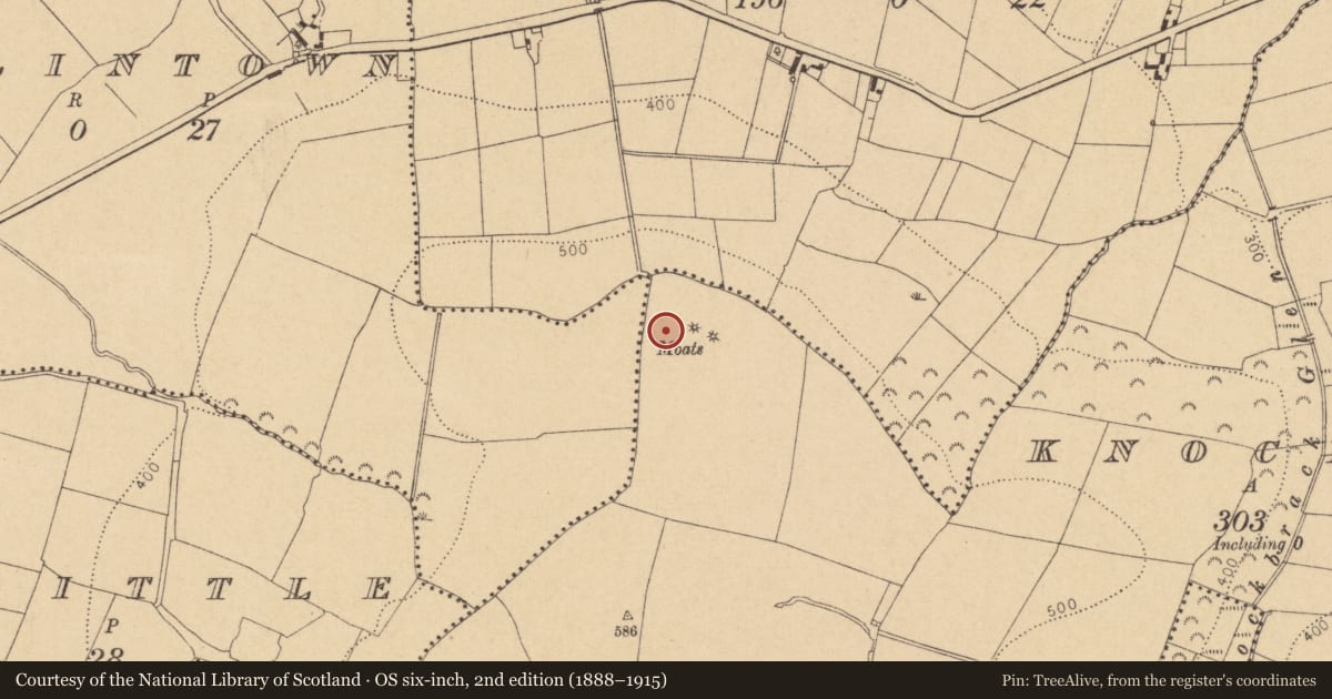 Ordnance Survey six-inch map, 2nd edition (1888–1915) covering the location of Ring-ditch, Knockbrack, County Dublin, with a pin at the register's coordinates