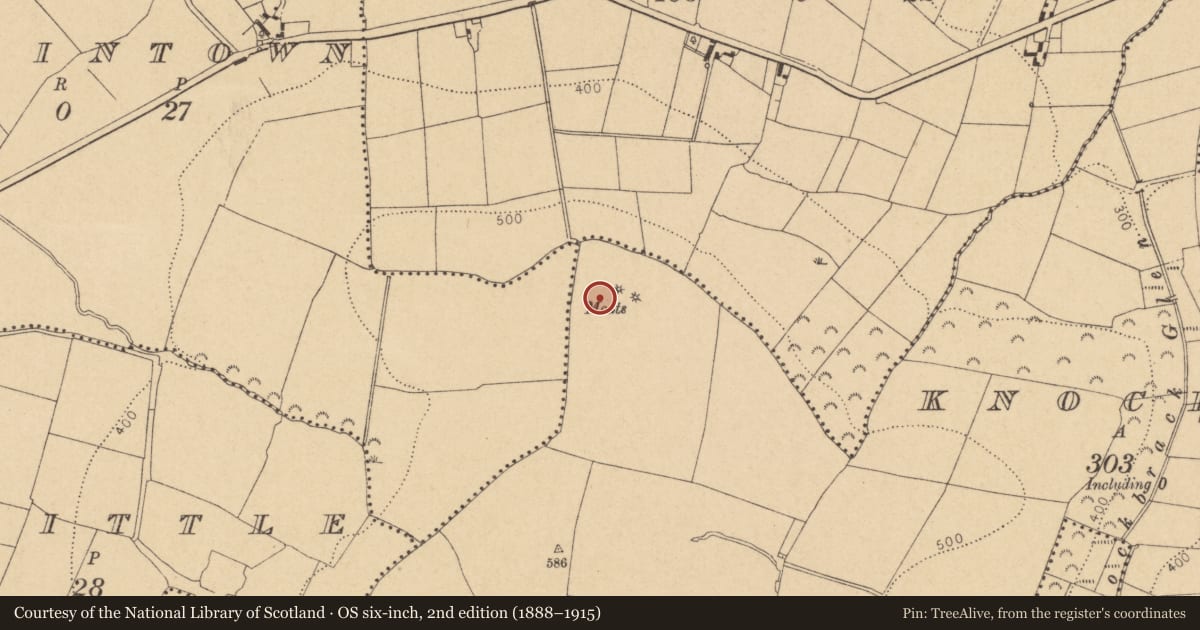 Ordnance Survey six-inch map, 2nd edition (1888–1915) covering the location of Ring-ditch, Knockbrack, County Dublin, with a pin at the register's coordinates