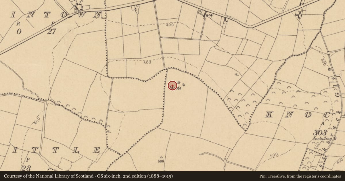 Ordnance Survey six-inch map, 2nd edition (1888–1915) covering the location of Ring-ditch, Knockbrack, County Dublin, with a pin at the register's coordinates