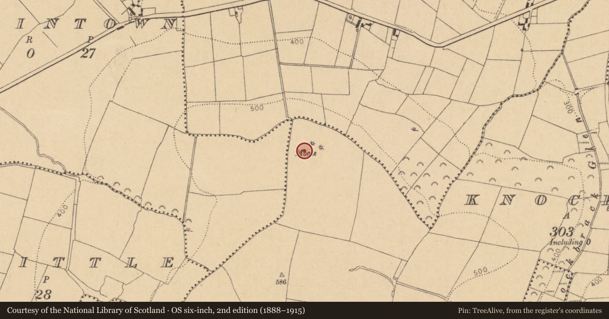 Ordnance Survey six-inch map, 2nd edition (1888–1915) covering the location of Ring-ditch, Knockbrack, County Dublin, with a pin at the register's coordinates