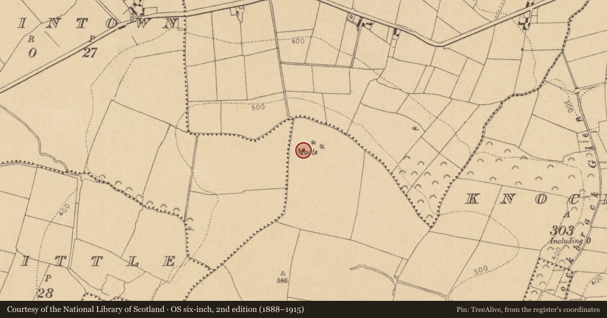 Ordnance Survey six-inch map, 2nd edition (1888–1915) covering the location of Ring-ditch, Knockbrack, County Dublin, with a pin at the register's coordinates