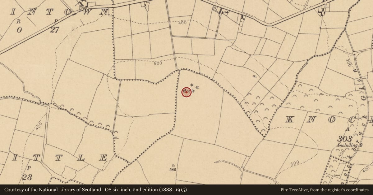 Ordnance Survey six-inch map, 2nd edition (1888–1915) covering the location of Ring-ditch, Knockbrack, County Dublin, with a pin at the register's coordinates
