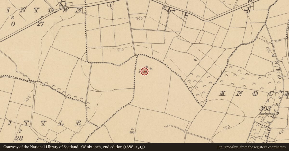 Ordnance Survey six-inch map, 2nd edition (1888–1915) covering the location of Ring-ditch, Knockbrack, County Dublin, with a pin at the register's coordinates