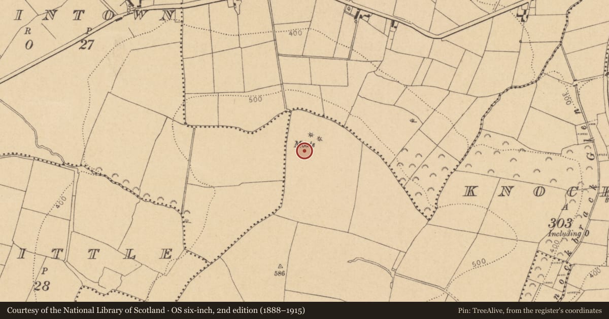 Ordnance Survey six-inch map, 2nd edition (1888–1915) covering the location of Ring-ditch, Knockbrack, County Dublin, with a pin at the register's coordinates