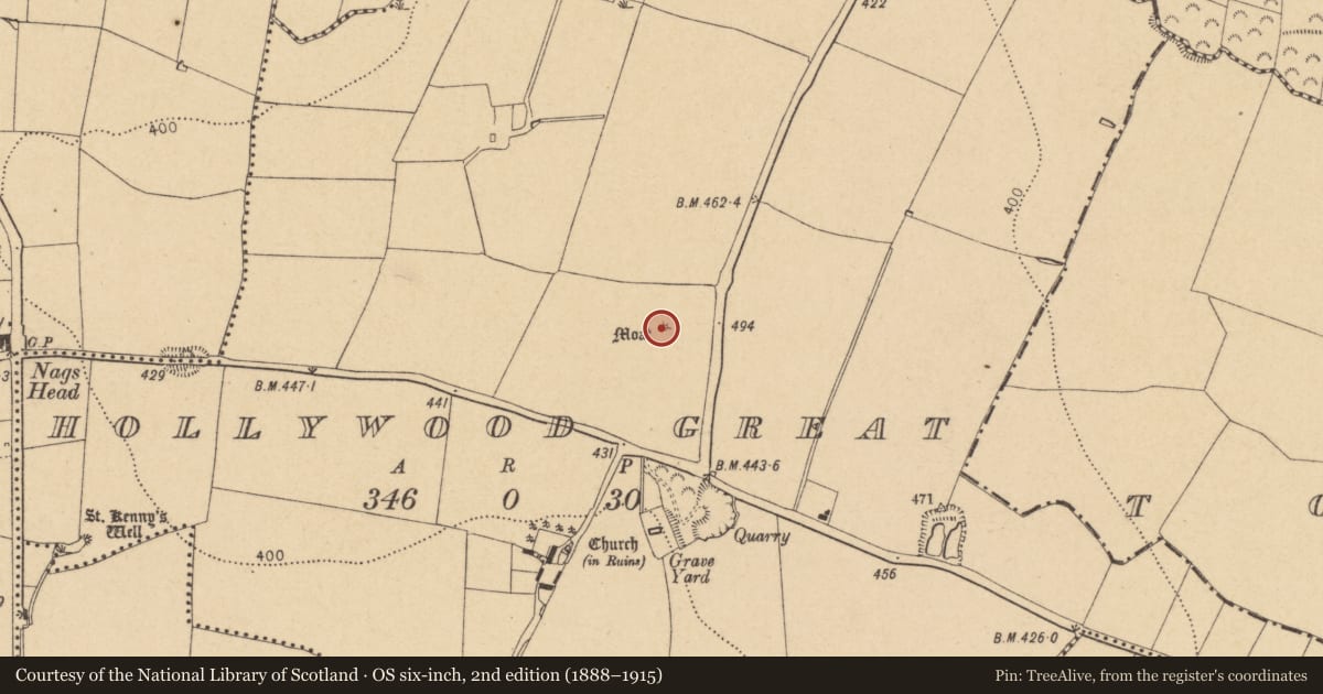 Ordnance Survey six-inch map, 2nd edition (1888–1915) covering the location of Mound, Hollywood Great, County Dublin, with a pin at the register's coordinates