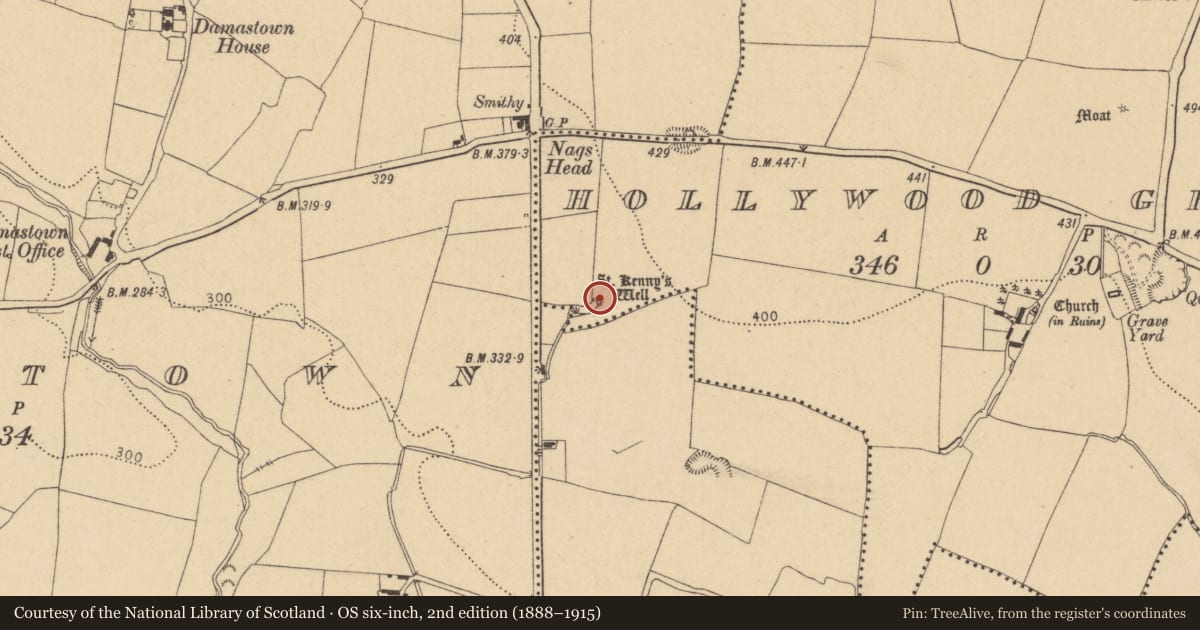 Ordnance Survey six-inch map, 2nd edition (1888–1915) covering the location of Ritual site - holy well, Hollywood Great, County Dublin, with a pin at the register's coordinates