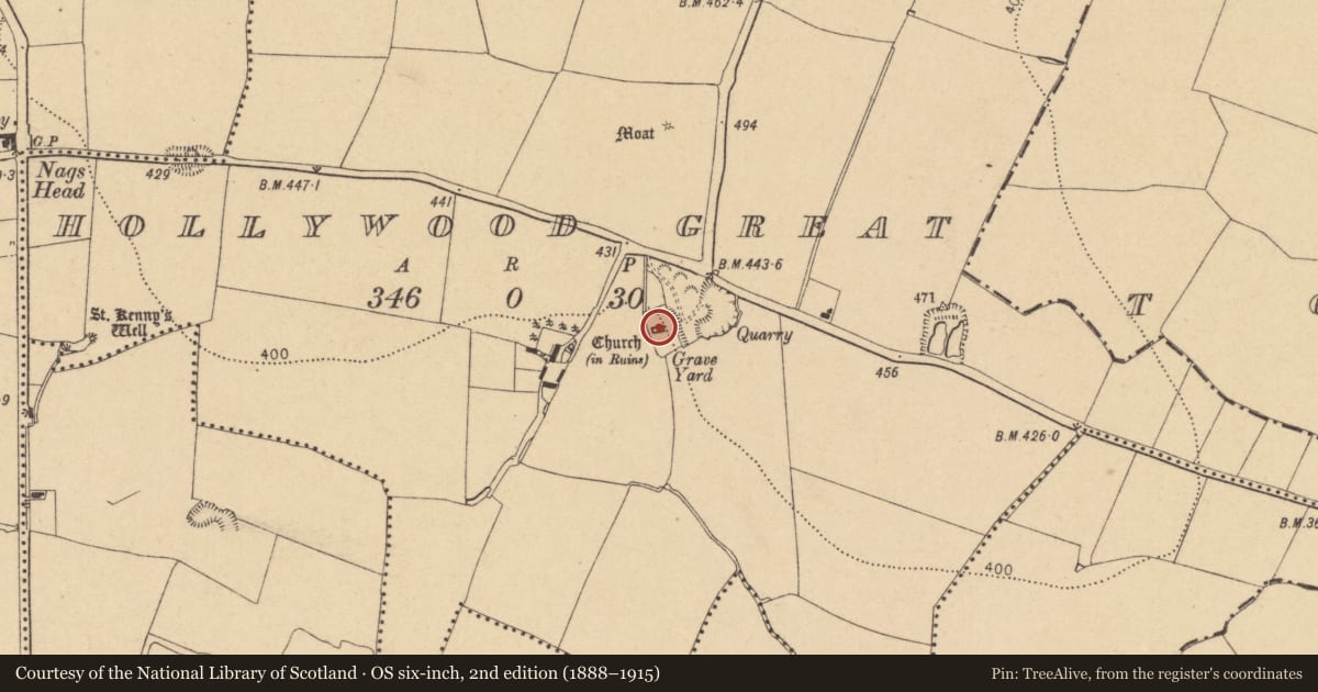 Ordnance Survey six-inch map, 2nd edition (1888–1915) covering the location of Church, Hollywood Great, County Dublin, with a pin at the register's coordinates