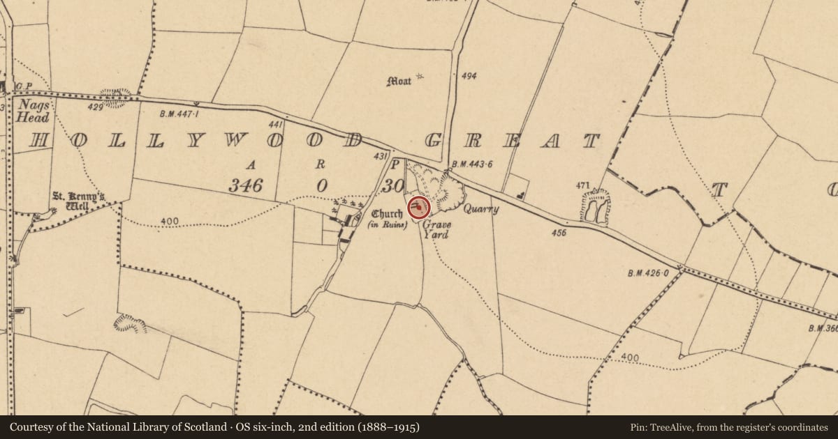 Ordnance Survey six-inch map, 2nd edition (1888–1915) covering the location of Graveyard, Hollywood Great, County Dublin, with a pin at the register's coordinates