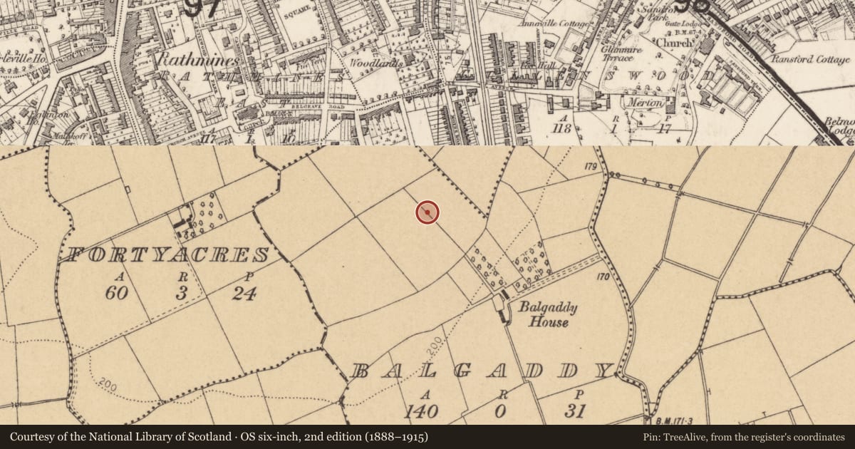 Ordnance Survey six-inch map, 2nd edition (1888–1915) covering the location of Enclosure, Balgaddy, County Dublin, with a pin at the register's coordinates