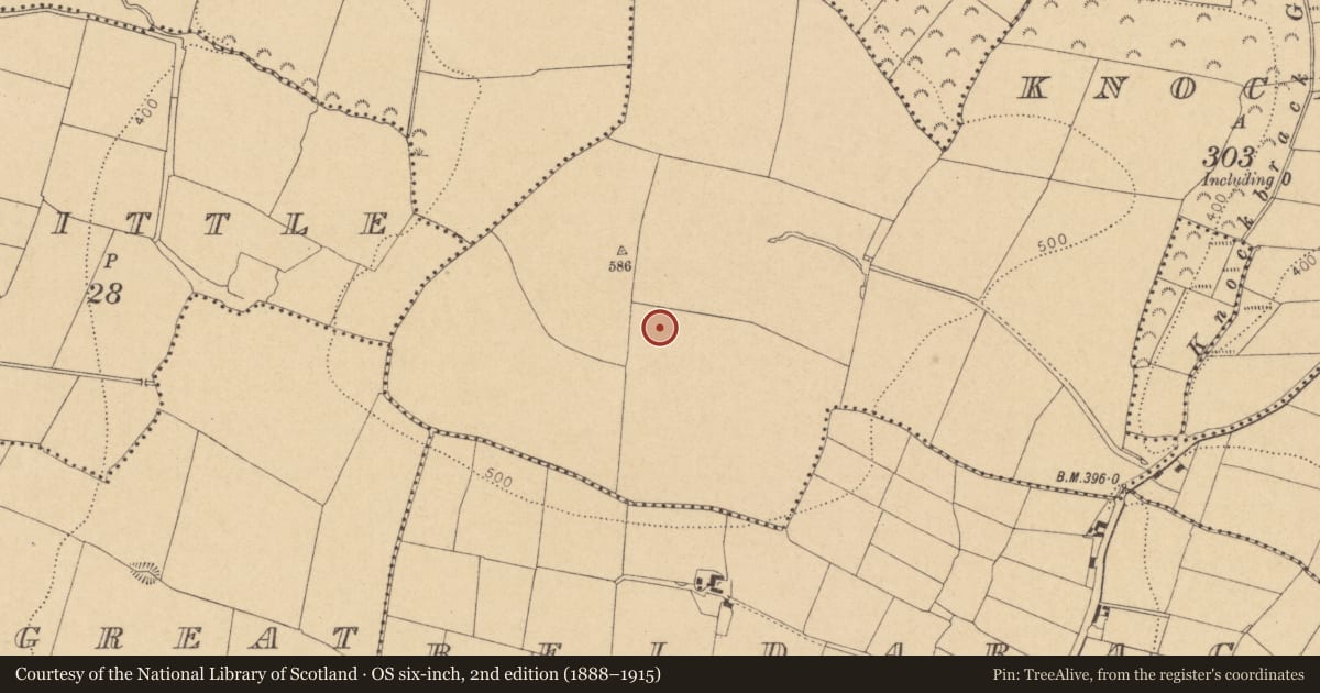 Ordnance Survey six-inch map, 2nd edition (1888–1915) covering the location of Ring-ditch, Knockbrack, County Dublin, with a pin at the register's coordinates