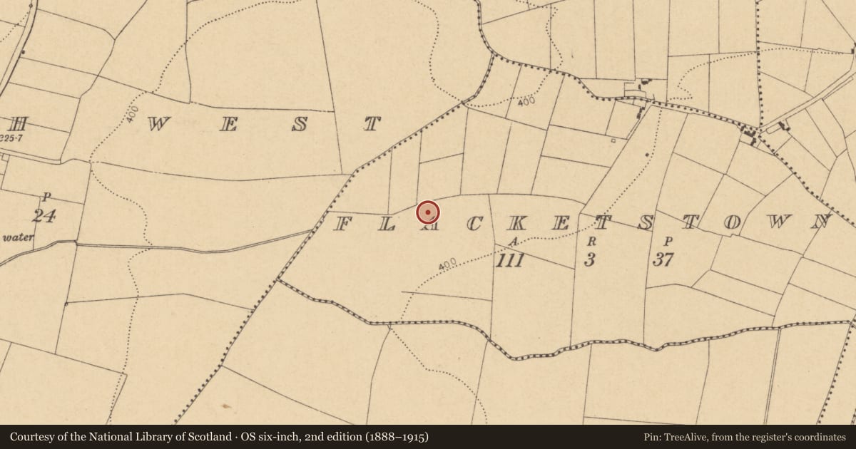 Ordnance Survey six-inch map, 2nd edition (1888–1915) covering the location of Enclosure, Flacketstown, County Dublin, with a pin at the register's coordinates