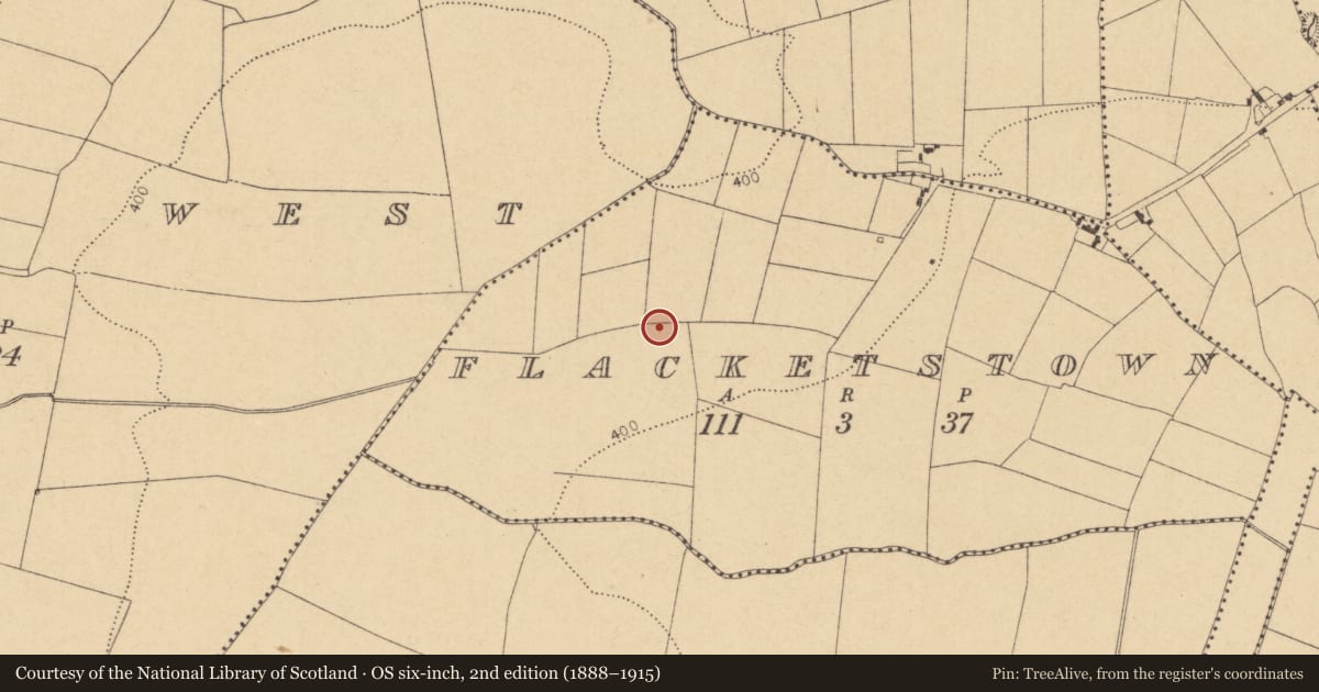 Ordnance Survey six-inch map, 2nd edition (1888–1915) covering the location of Ring-ditch, Flacketstown, County Dublin, with a pin at the register's coordinates