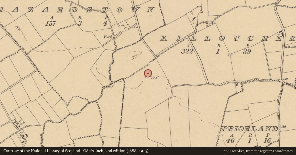 Ordnance Survey six-inch map, 2nd edition (1888–1915) covering the location of Earthwork, Killougher, County Dublin, with a pin at the register's coordinates