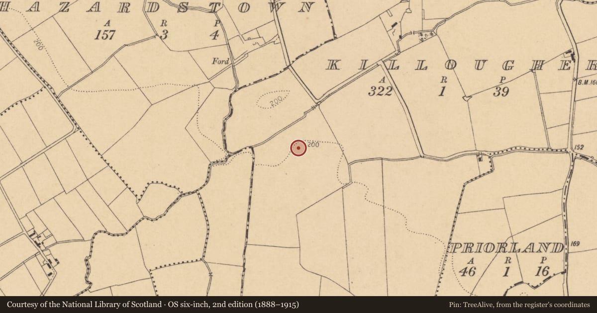 Ordnance Survey six-inch map, 2nd edition (1888–1915) covering the location of Earthwork, Killougher, County Dublin, with a pin at the register's coordinates