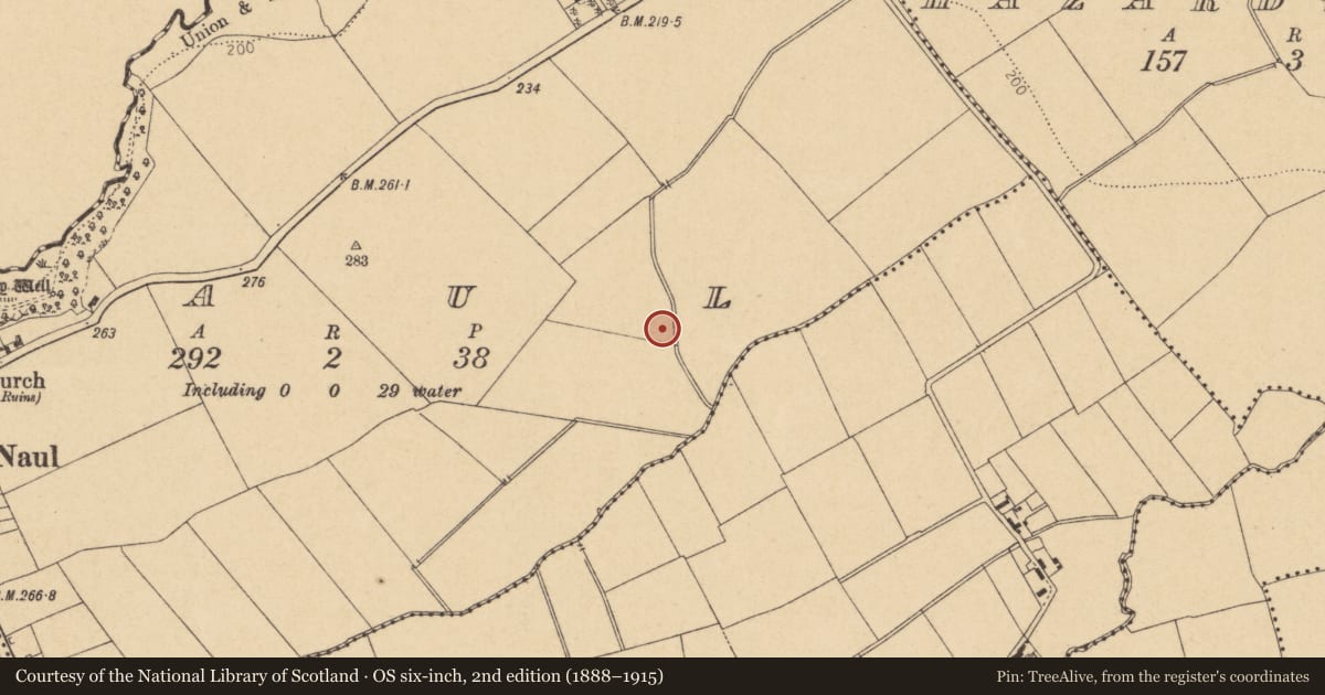 Ordnance Survey six-inch map, 2nd edition (1888–1915) covering the location of Ring-ditch, Naul, County Dublin, with a pin at the register's coordinates
