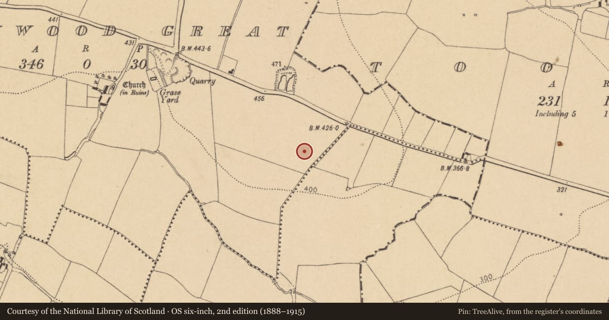 Ordnance Survey six-inch map, 2nd edition (1888–1915) covering the location of Ring-ditch, Hollywood Great, County Dublin, with a pin at the register's coordinates