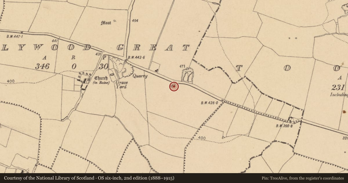 Ordnance Survey six-inch map, 2nd edition (1888–1915) covering the location of Ring-ditch, Hollywood Great, County Dublin, with a pin at the register's coordinates