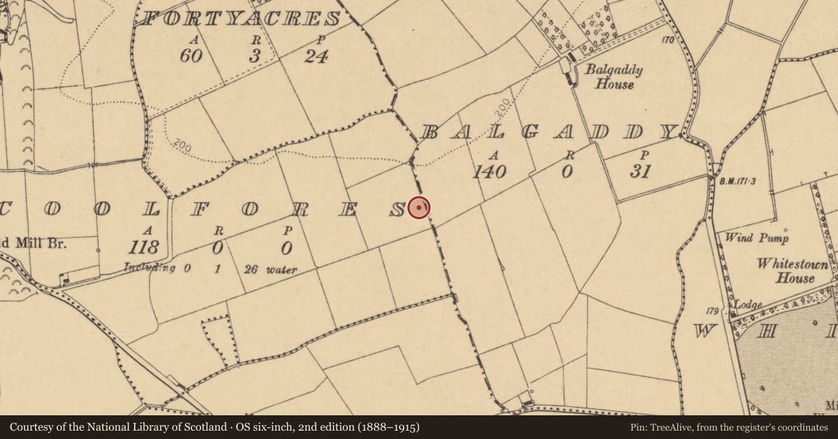 Ordnance Survey six-inch map, 2nd edition (1888–1915) covering the location of Earthwork, Coolfores, County Dublin, with a pin at the register's coordinates