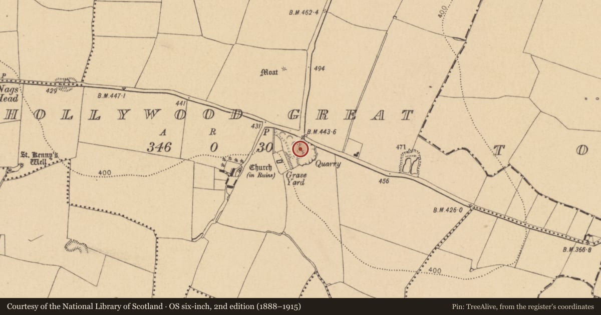 Ordnance Survey six-inch map, 2nd edition (1888–1915) covering the location of Quarry, Hollywood Great, County Dublin, with a pin at the register's coordinates