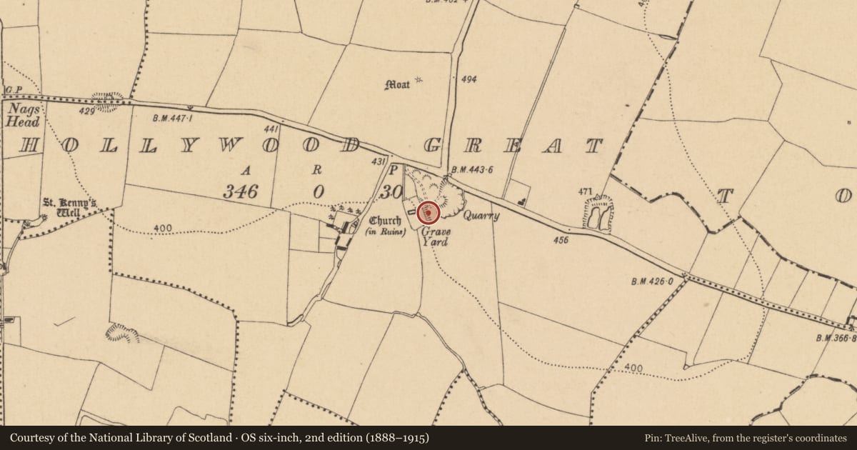 Ordnance Survey six-inch map, 2nd edition (1888–1915) covering the location of Kiln - lime, Hollywood Great, County Dublin, with a pin at the register's coordinates
