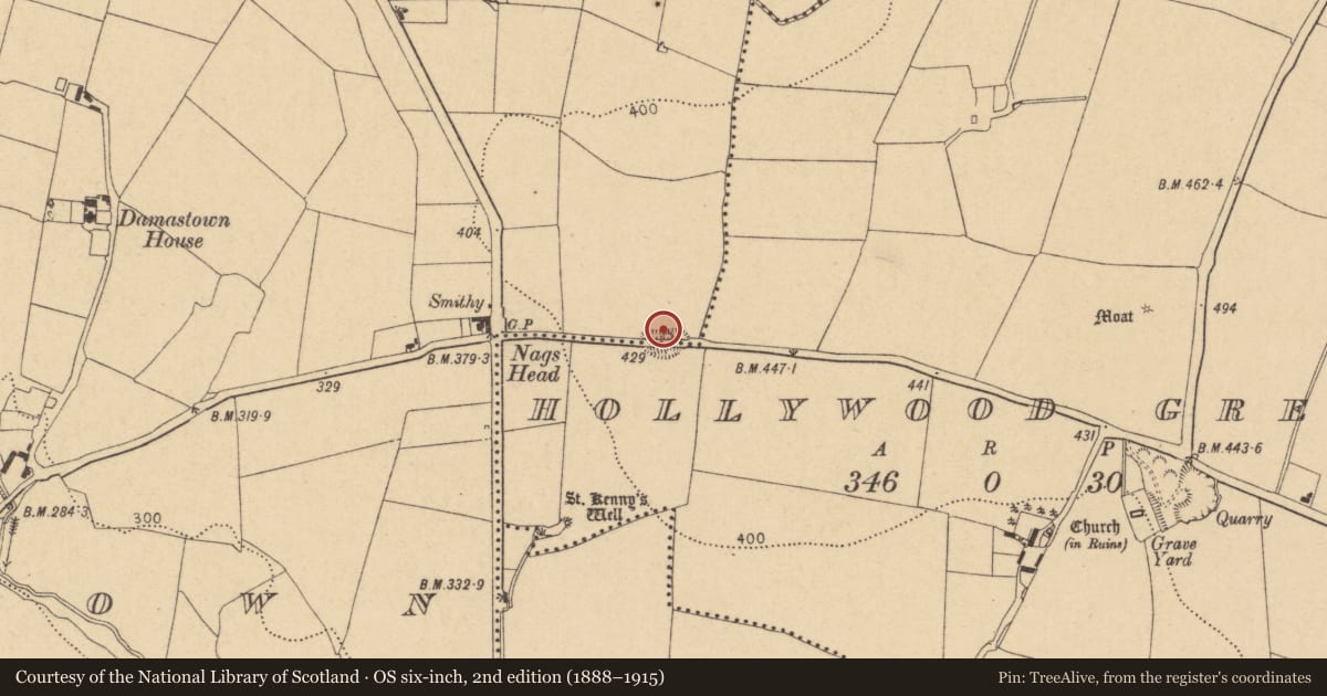 Ordnance Survey six-inch map, 2nd edition (1888–1915) covering the location of Quarry, Damastown, Hollywood Great, County Dublin, with a pin at the register's coordinates