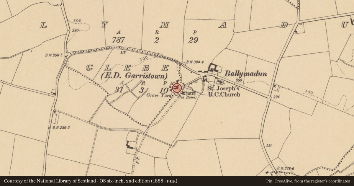 Ordnance Survey six-inch map, 2nd edition (1888–1915) covering the location of Church, Glebe, County Dublin, with a pin at the register's coordinates