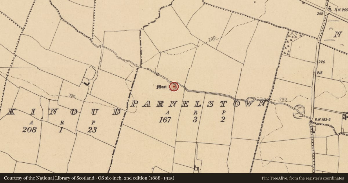 Ordnance Survey six-inch map, 2nd edition (1888–1915) covering the location of Earthwork, Parnelstown, County Dublin, with a pin at the register's coordinates