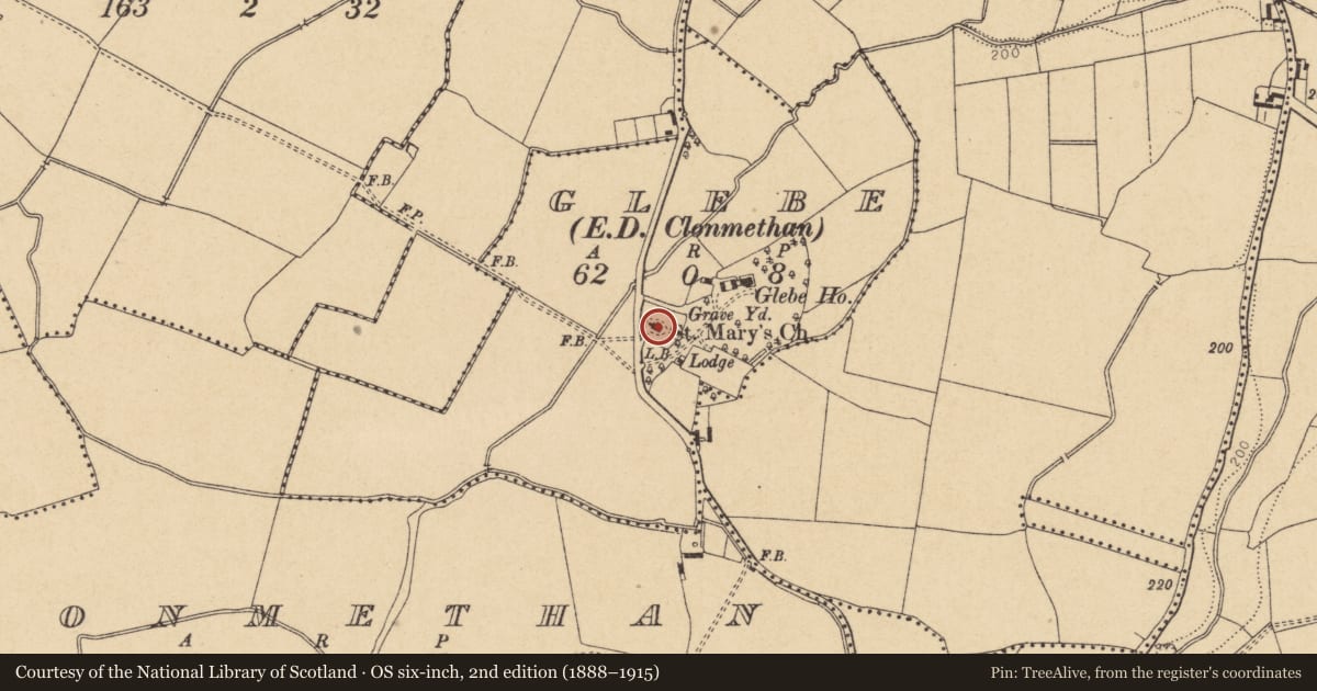 Ordnance Survey six-inch map, 2nd edition (1888–1915) covering the location of Church, Glebe, County Dublin, with a pin at the register's coordinates