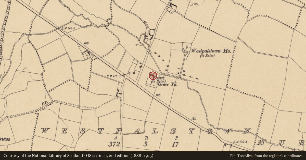 Ordnance Survey six-inch map, 2nd edition (1888–1915) covering the location of Church, Westpalstown, County Dublin, with a pin at the register's coordinates