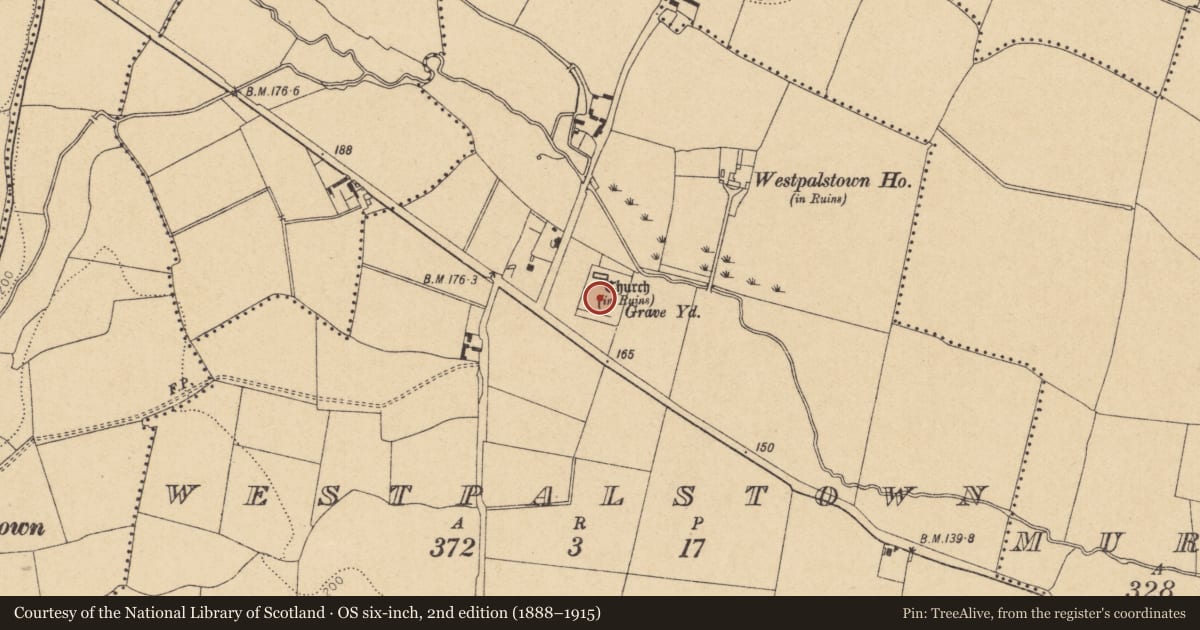 Ordnance Survey six-inch map, 2nd edition (1888–1915) covering the location of Graveyard, Westpalstown, County Dublin, with a pin at the register's coordinates