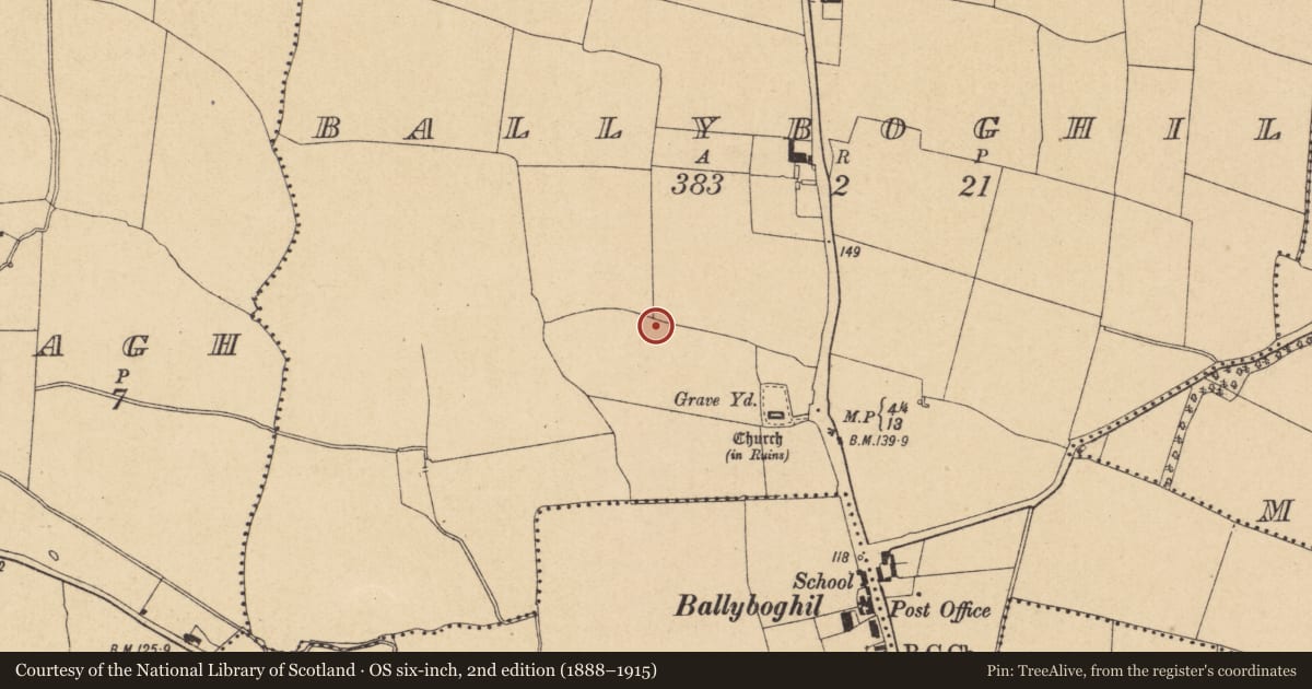 Ordnance Survey six-inch map, 2nd edition (1888–1915) covering the location of Enclosure, Ballyboghil, County Dublin, with a pin at the register's coordinates