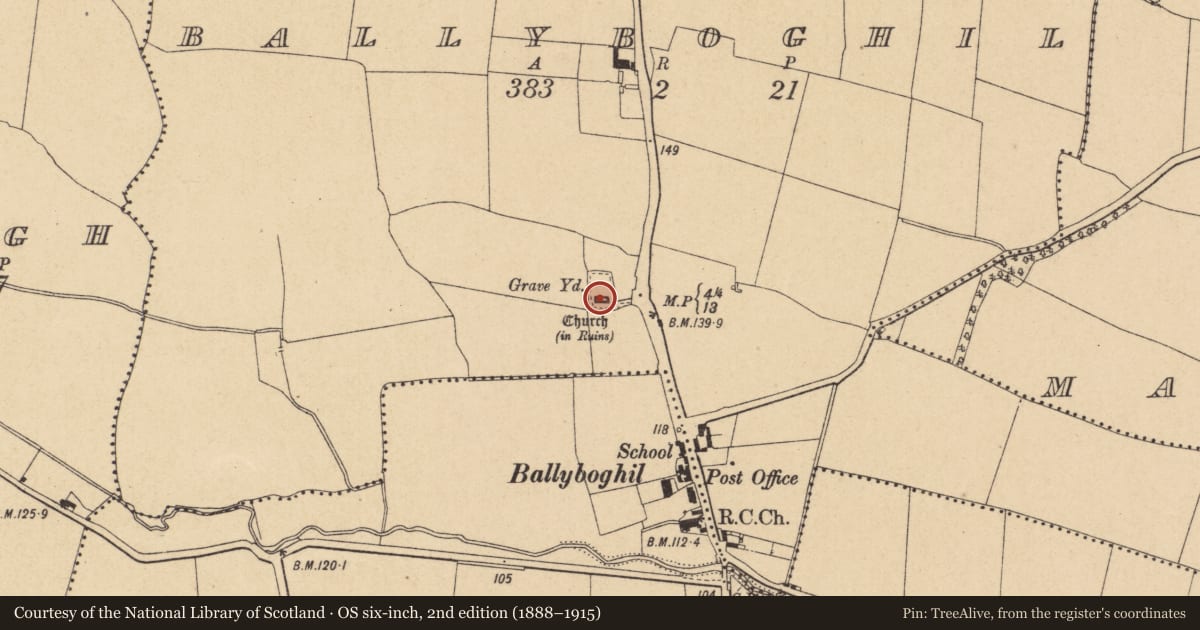 Ordnance Survey six-inch map, 2nd edition (1888–1915) covering the location of Church, Ballyboghil, County Dublin, with a pin at the register's coordinates